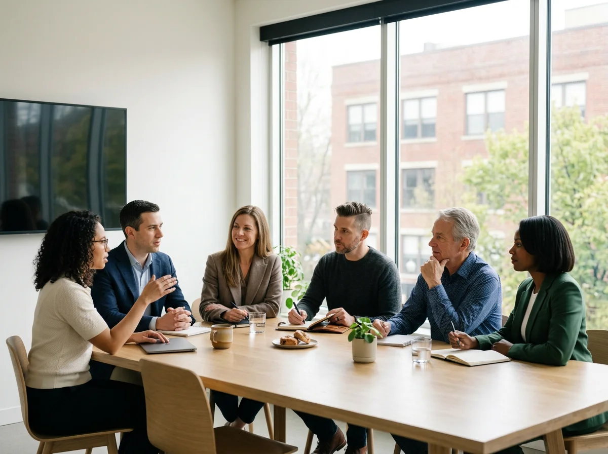 Six diverse people sitting around a conference table engaged in discussion during a business meeting in a bright office with large windows and a view of trees and brick buildings outside.