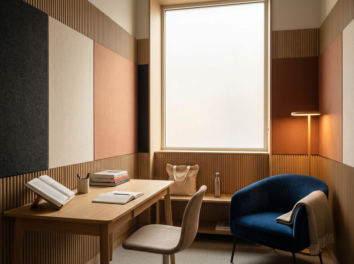 A cozy office or reading nook with a wooden desk and beige chair, an open book, stacked books, a tote bag, a water bottle, blue velvet armchair with a blanket, a tall floor lamp, and a large window let in natural light, with colorful wall panels and wood accents.