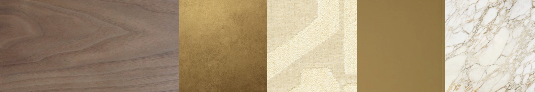 Close-up of various interior wall and floor surfaces, including wood, textured paint, patterned carpet, solid gold-colored, and marble tiles.