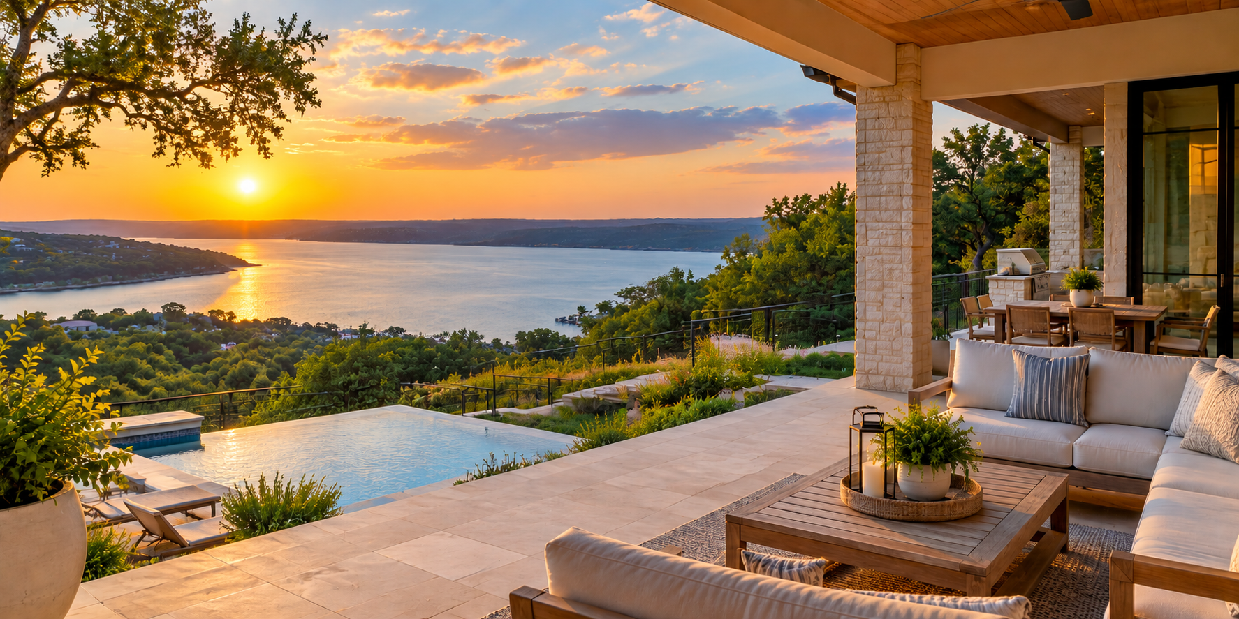 Lake-view home with a pool and covered outdoor living space at sunset