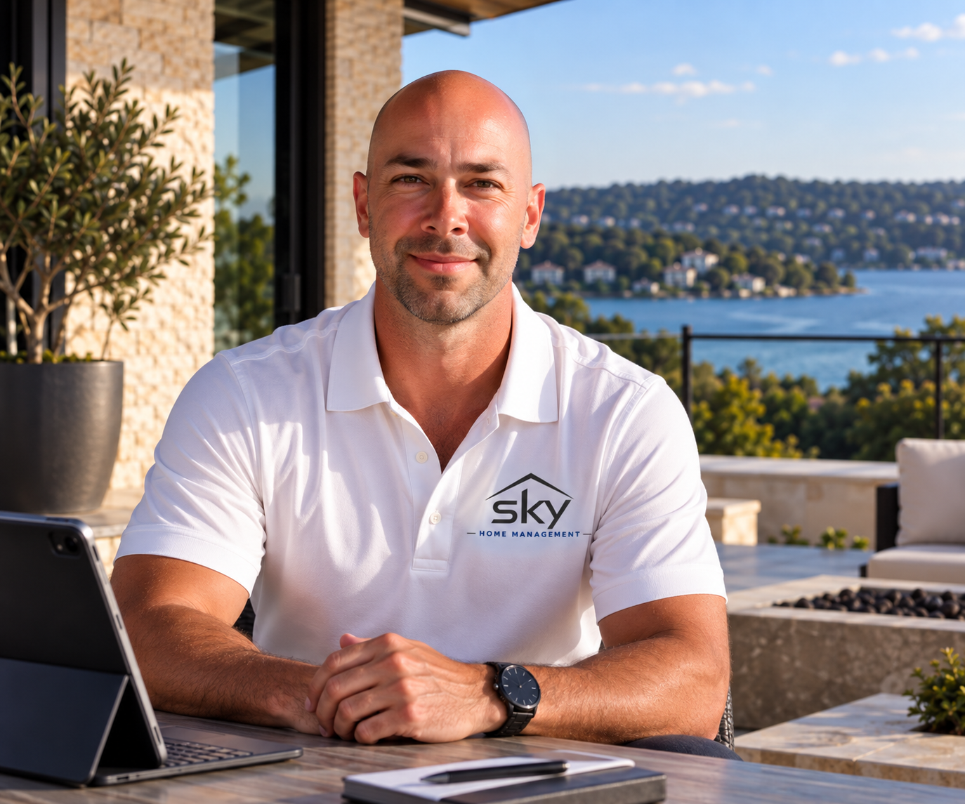 Blaine Wilson, owner of Sky Home Management, wearing a branded polo beside a lake-view home