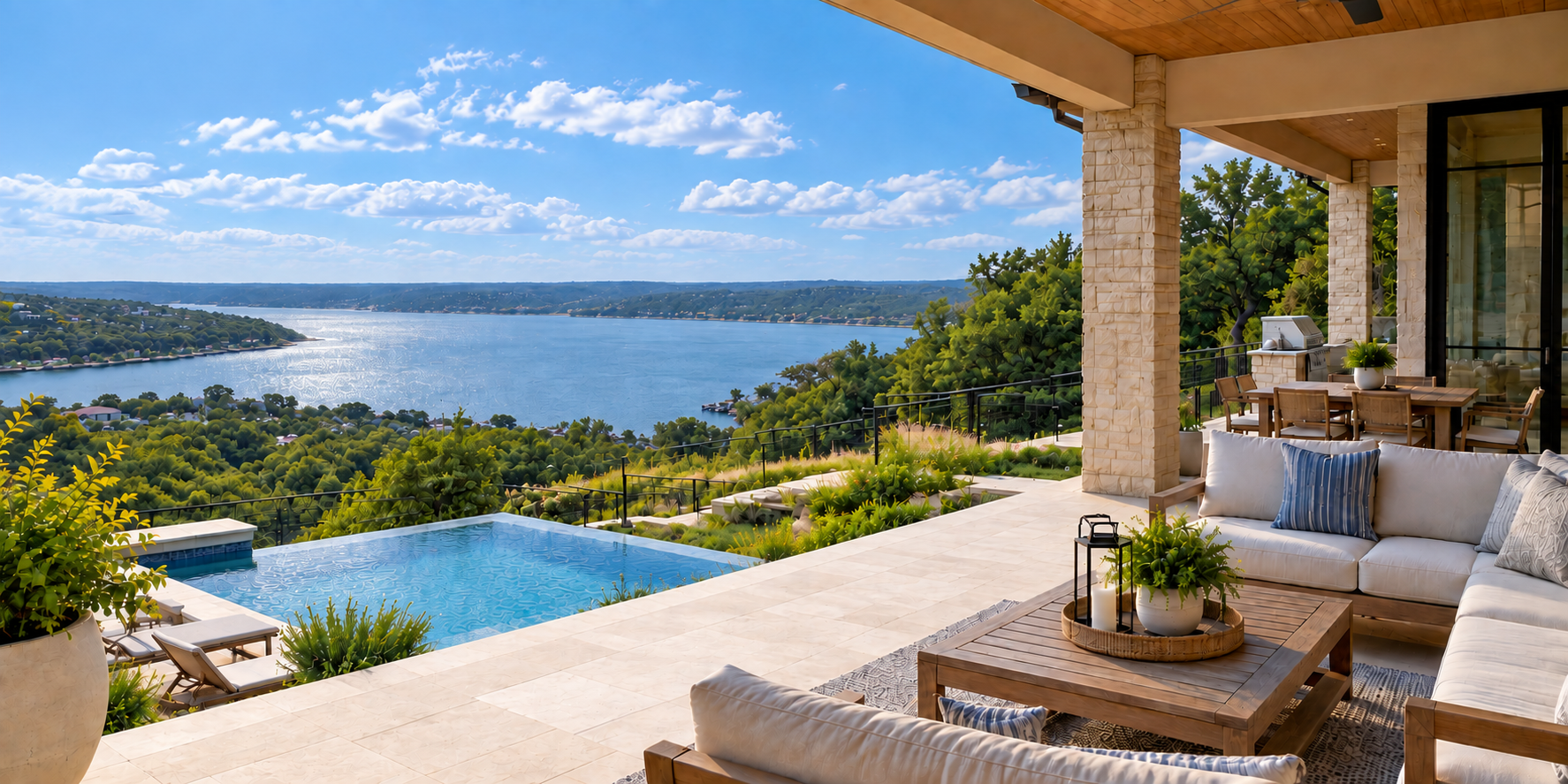 Covered outdoor living area with a pool overlooking a lake and wooded hills