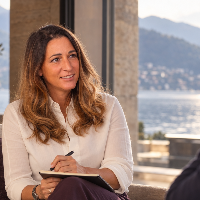Una donna seduta in un ambiente con vista sul lago, che sorride e prende appunti su un bloco.