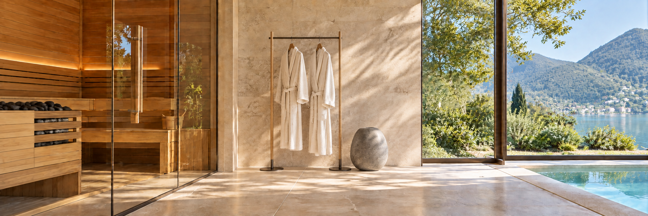 Spa con bagno turco in legno, vestaglie bianche appese e vista su montagne e lago attraverso grandi finestre.
