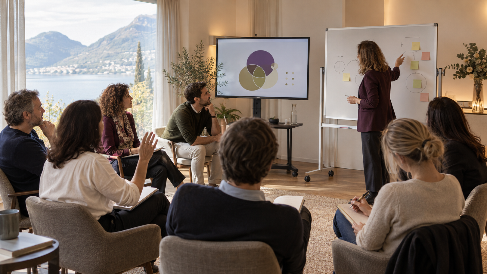 Una donna che fa una presentazione davanti a un gruppo di persone sedute in una sala con vista su un lago e montagne, con una lavagna e uno schermo con diagrammi.