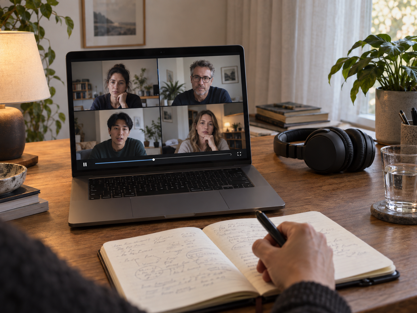 Una persona sta prendendo appunti davanti a un laptop che mostra una videochiamata con quattro persone, in un ambiente domestico con librerie, piante e una finestra con tende. Sul tavolo ci sono libri, cuffie, una tazza d'acqua, una ciotola, e una lampada.