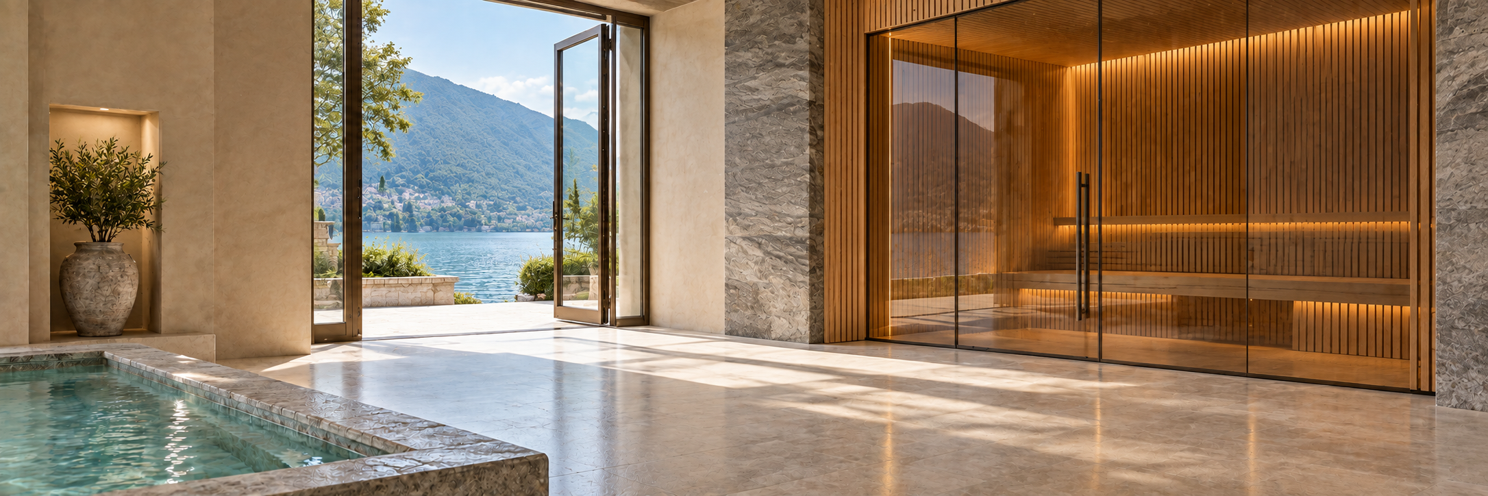 Spa con vista sul lago, con sauna in vetro e piscina di marmo