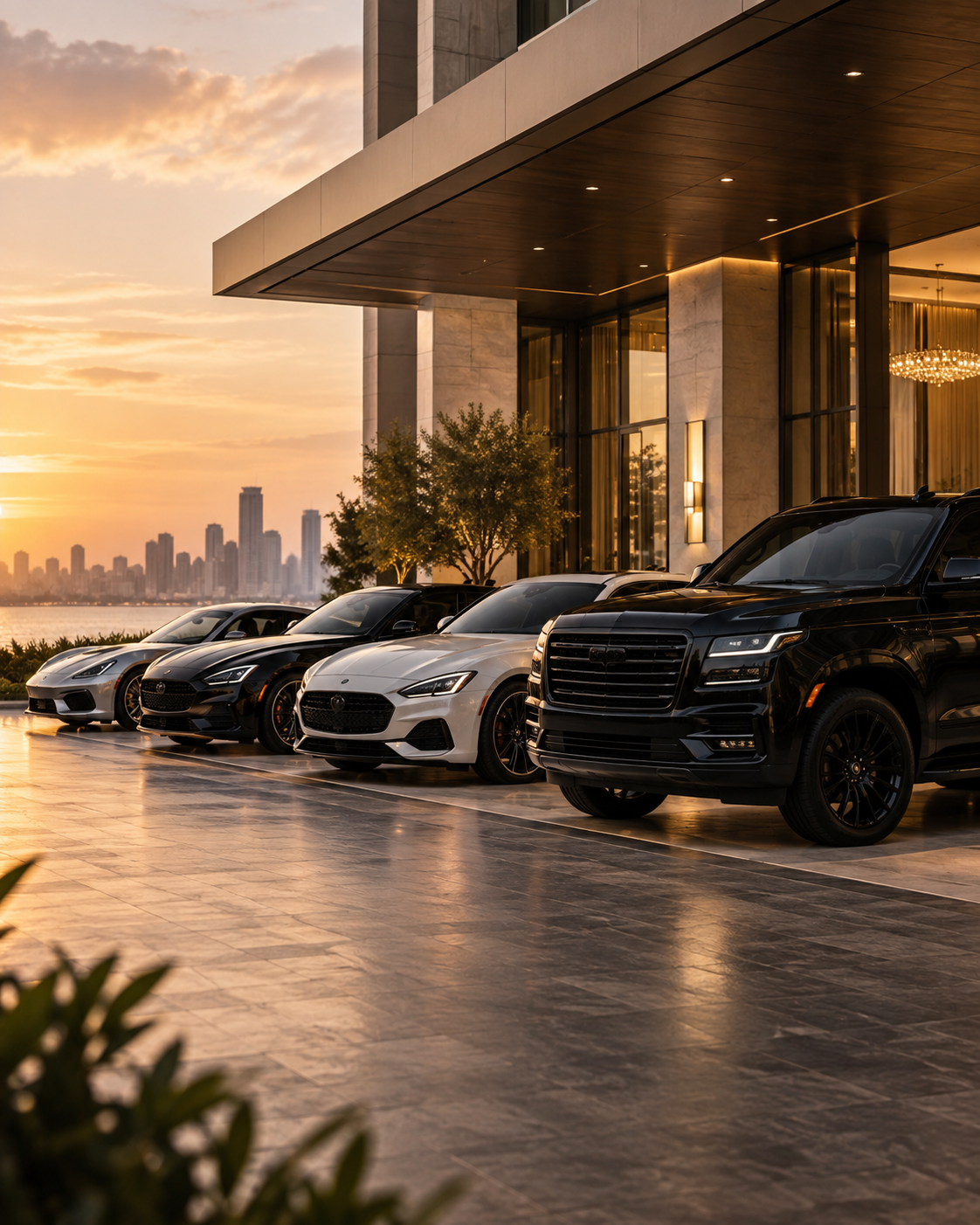Luxury cars parked outside a modern building at sunset with city skyline in the background.