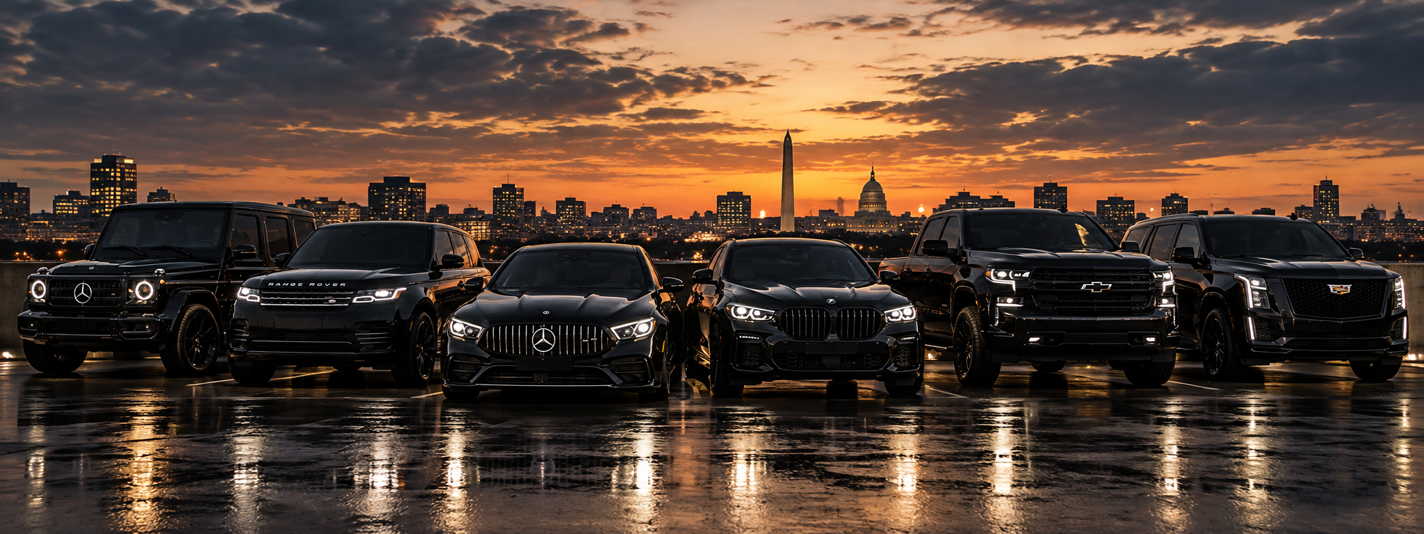 A lineup of luxury SUVs parked on a wet rooftop with the city skyline at sunset in the background.