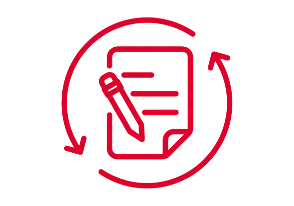 Symbol eines Formulars oder Dokuments mit einem Stift und einem kreisförmigen Pfeil, der einen Überarbeitungs- oder Aktualisierungsprozess darstellt.