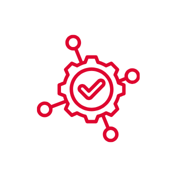 Ein rotes Symbol zeigt ein Zahnrad mit einem Häkchen in der Mitte, verbunden mit Linien zu drei kleinen Kreisen, symbolisiert Automatisierung oder Prozessoptimierung.