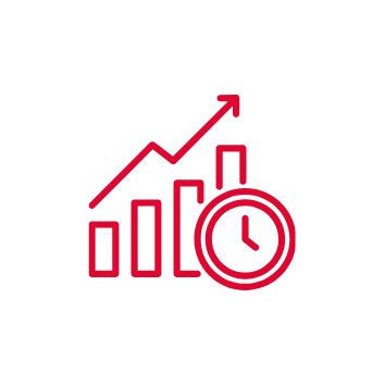 Diagramm mit aufsteigender Umsatzkurve, Bar-Chart und Uhrsymbol, in rot auf schwarzem Hintergrund