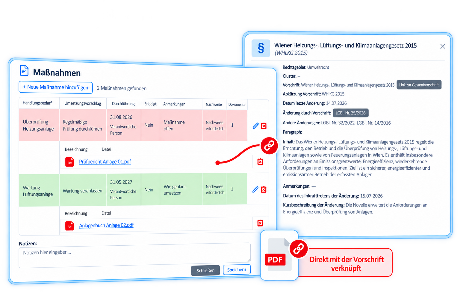 Screenshot der iLCT-Softwareoberfläche für Dokumentenmanagement in der Heizungs-, Lüftungs- und Klimatechnik, mit Listen von Maßnahmen, Dokumenten, und Details zu gesetzlichen Vorgaben.
