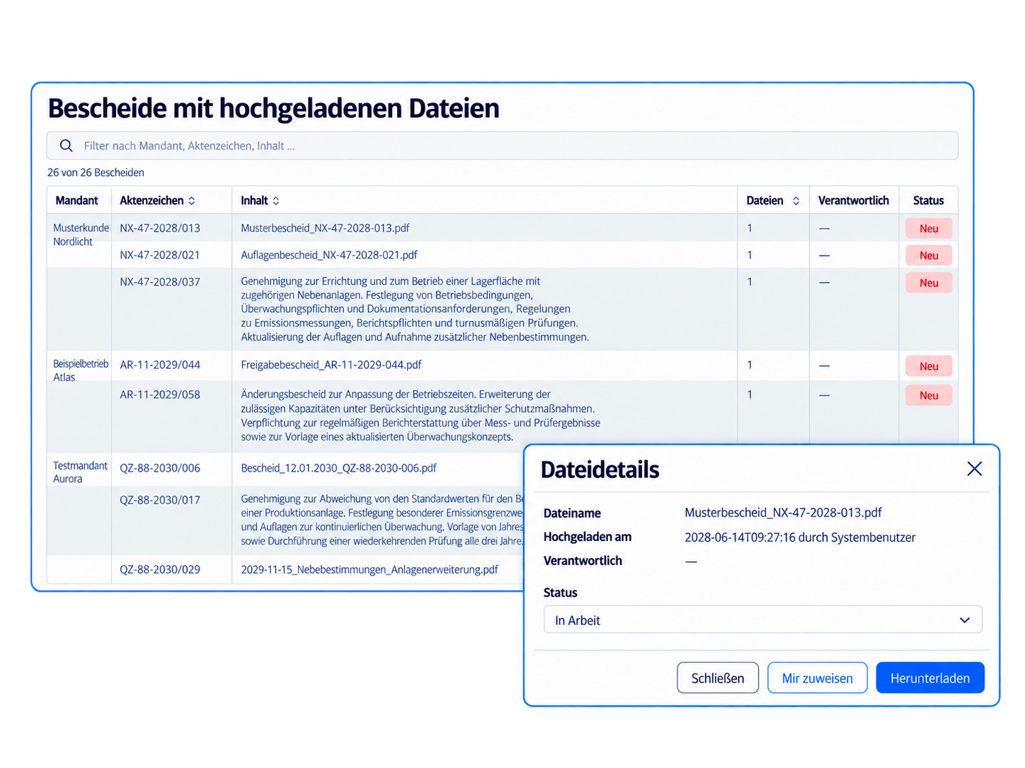 Screenshot einer online-Dateiverwaltung mit hochgeladenen Dokumenten und einem Fenster für Dateidetails, darunter Dateiname, Hochladedatum, Verantwortlicher und Status.