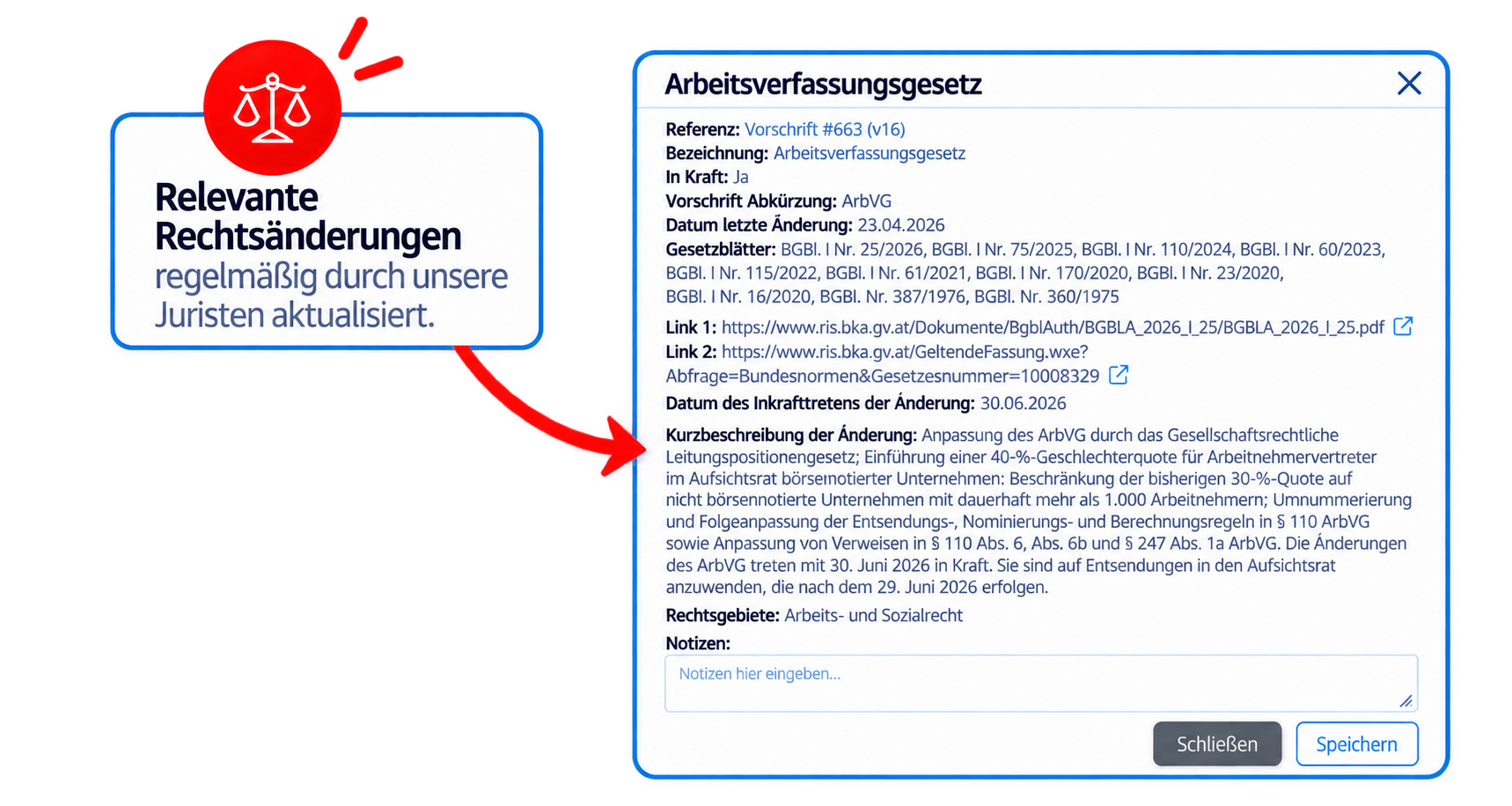 Informationsfenster zu relevanten Gesetzesänderungen bei einem bestimmten Gesetz mit Details und Links, inklusive Datum und kurzer Beschreibung der Änderungen.