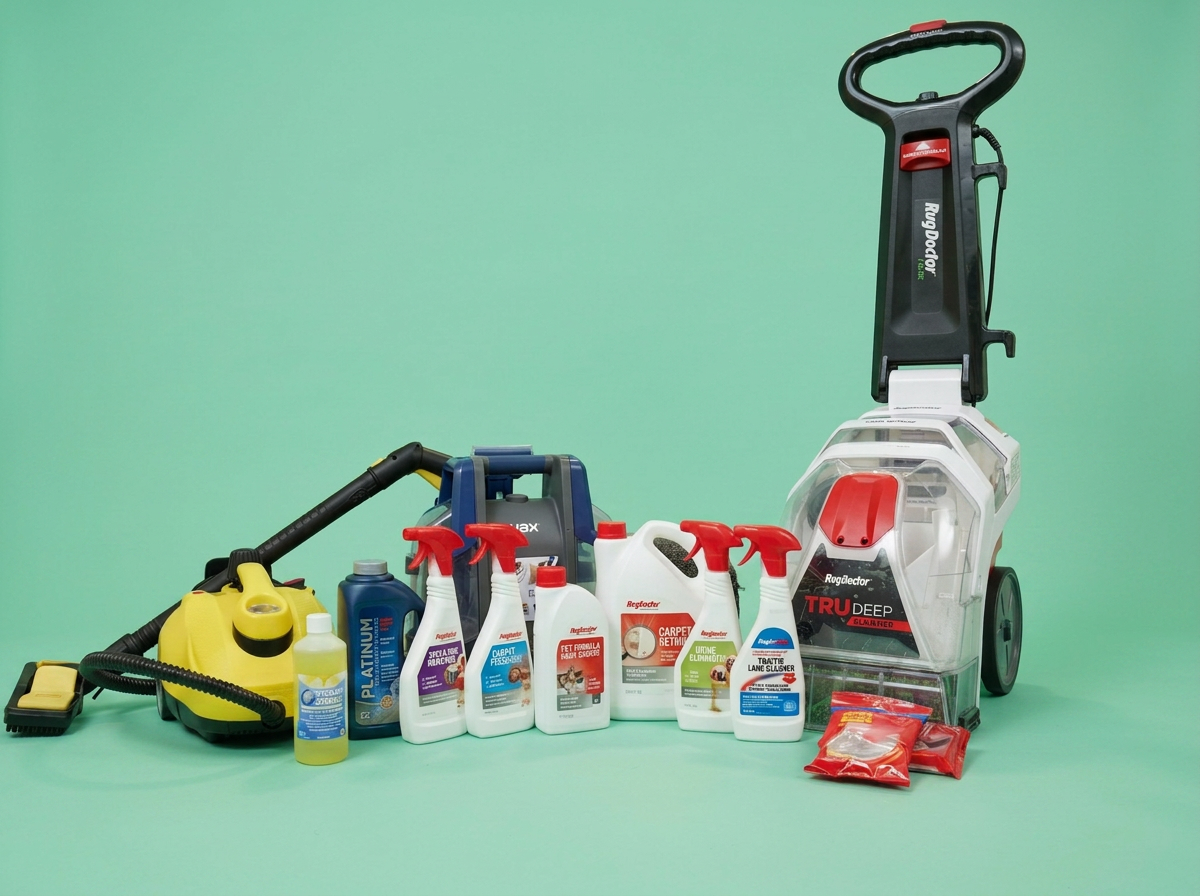 Collection of cleaning equipment including a carpet cleaner, spray bottles, detergent bottles, a handheld vacuum, and cleaning powders on a light green background.