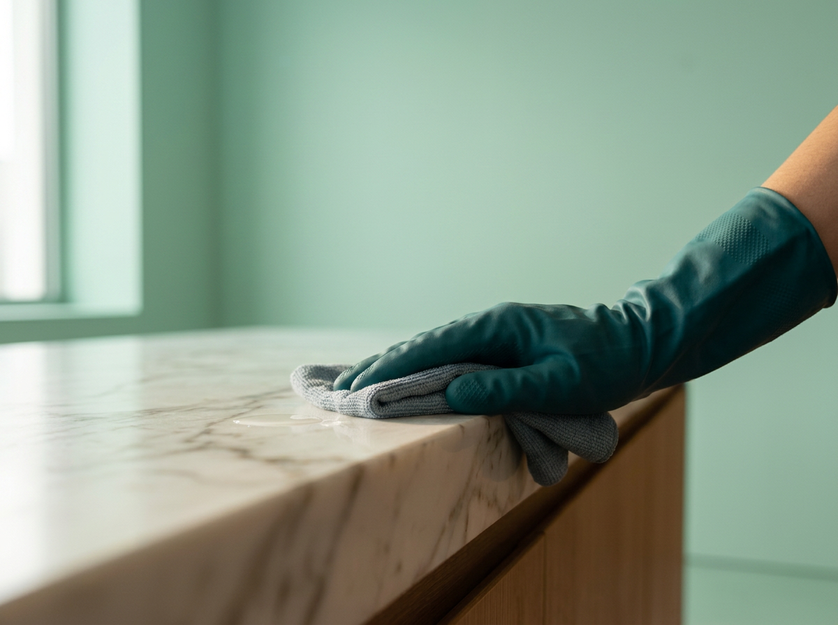 Person wearing a green rubber glove cleaning a marble countertop with a cloth.
