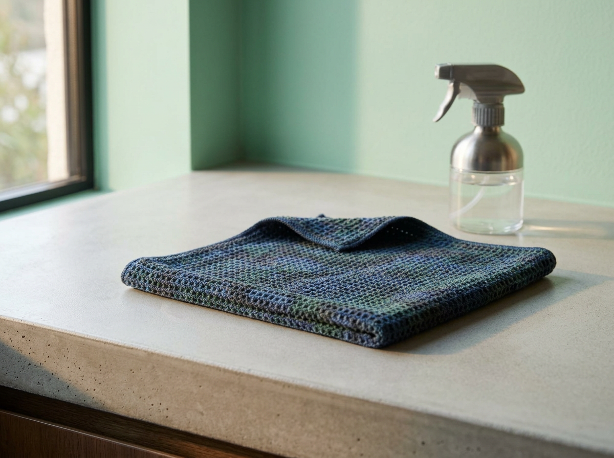 A folded cleaning cloth and a spray bottle of clear liquid are on a white countertop near a window with green walls.