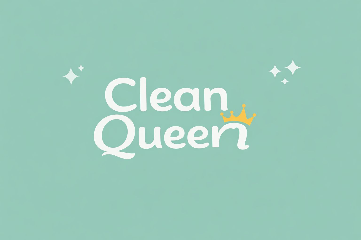 The image displays the words 'Clean Queen' in white font with a small yellow crown above the letter 'Q'. The background is a gradient of pastel blue and green, with white sparkling stars around the text.