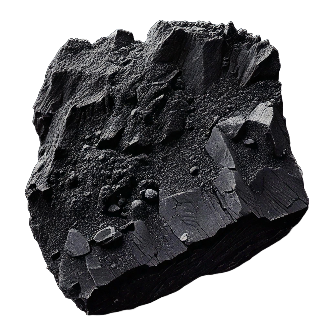 Charbon noir avec une texture fissurée et des morceaux brisés.