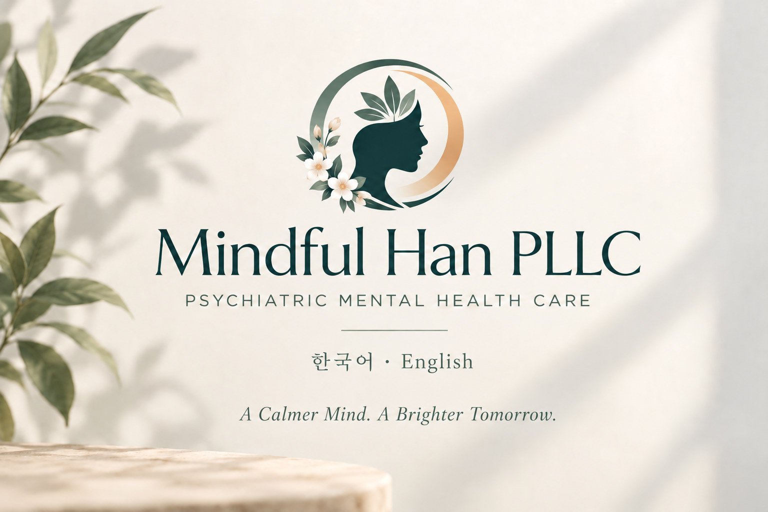 Mindful Han PLLC 로고와 슬로건: A Calmer Mind. A Brighter Tomorrow.