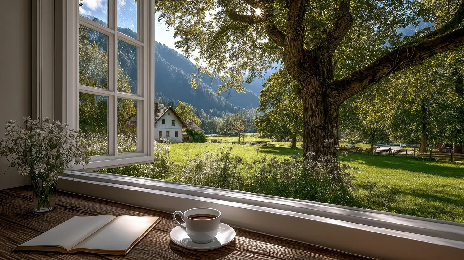 View of a scenic countryside with a large tree, green fields, and mountains in the background, seen through an open window from inside a cozy room with a cup of coffee, an open book, and a vase of flowers on the windowsill.