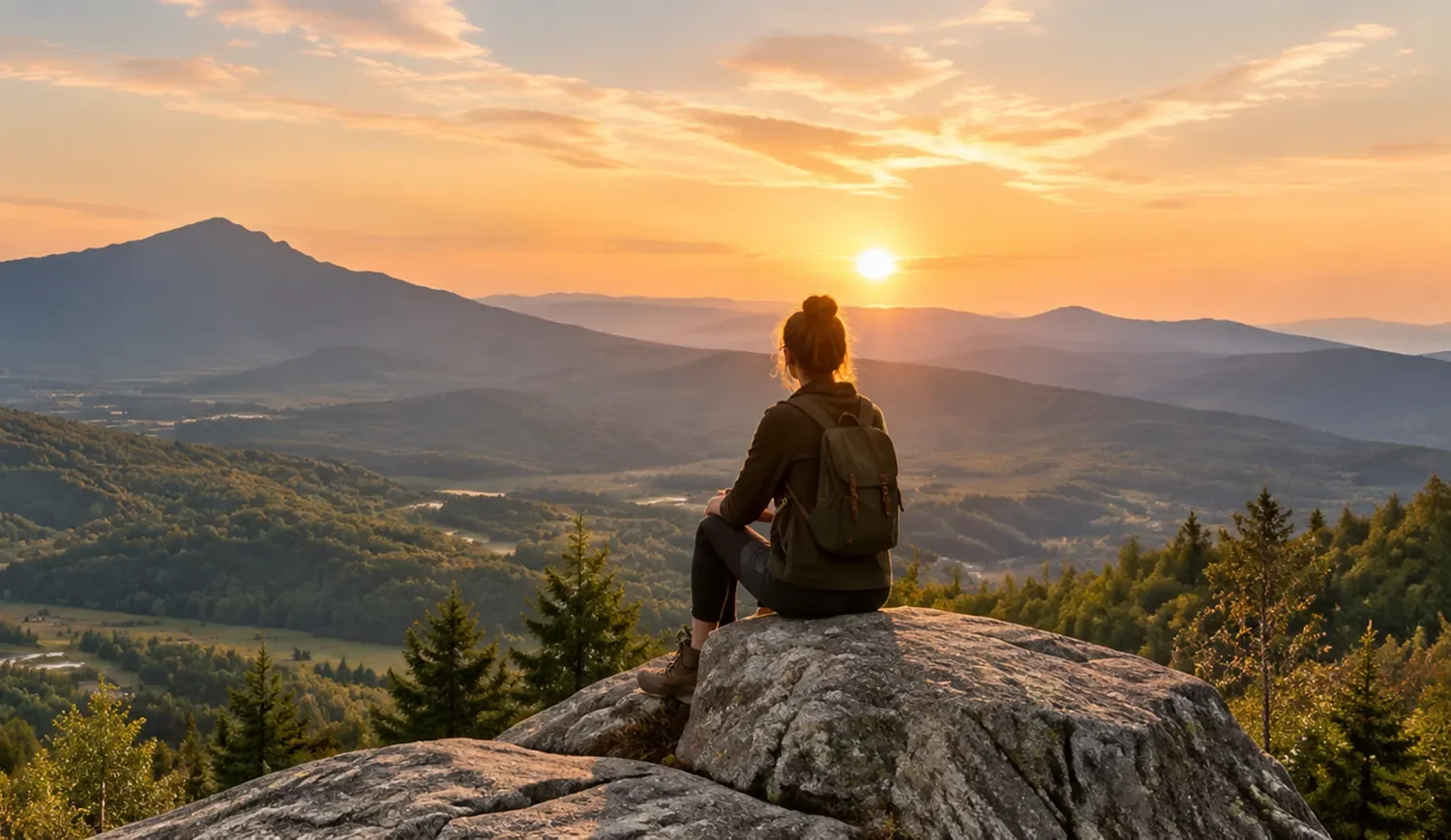 A woman with a backpack sitting on a rock, overlooking a mountainous landscape during sunset.