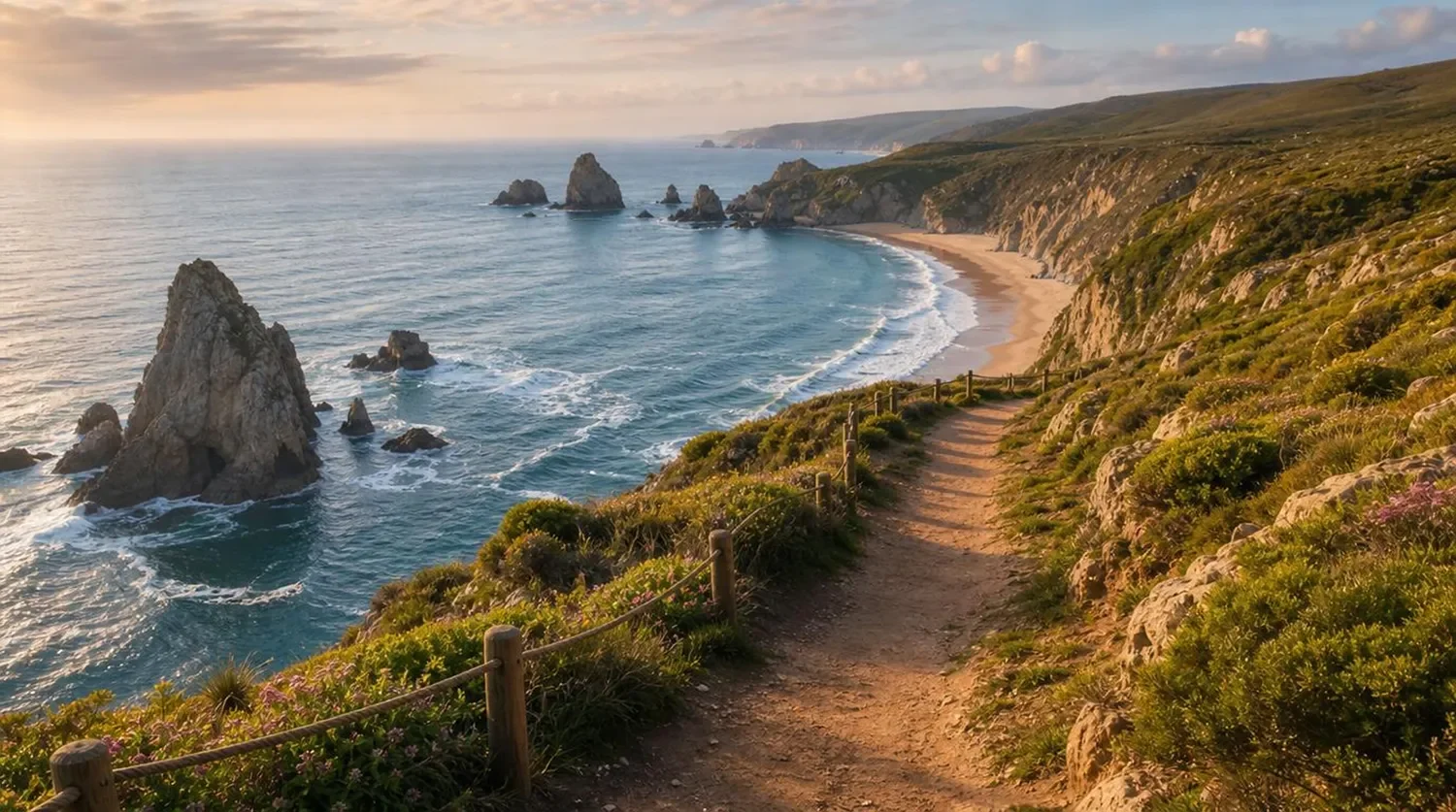 Coastal view of a dirt hiking trail along green hillside overlooking rocky ocean shoreline at sunset.