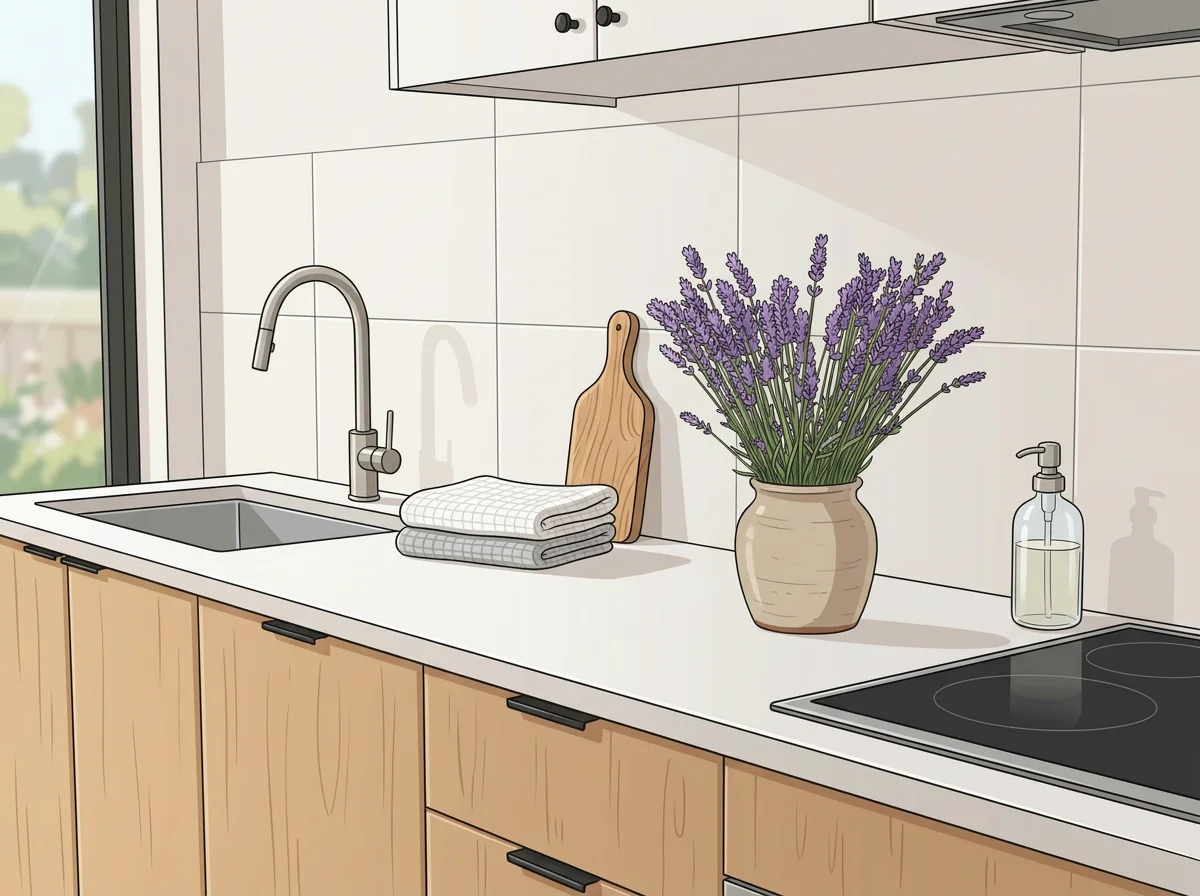 Kitchen countertop with a sink, faucet, folded towels, cutting board, potted lavender, soap dispenser, and an electric stove, with a window showing trees in the background.