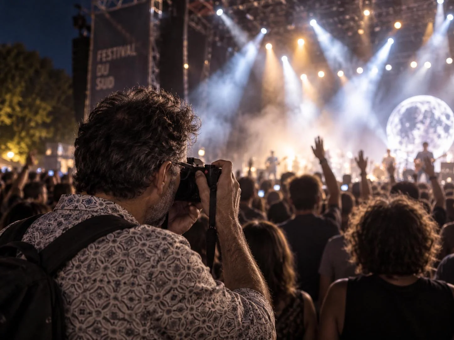 A photographer photographing a brightly lit concert stage from the audience.