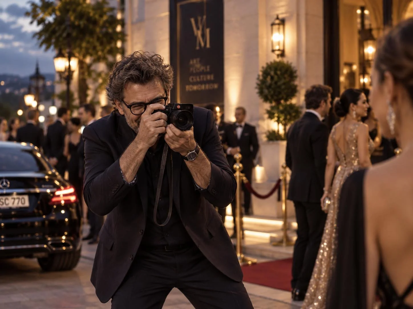 A photographer photographing guests outside an illuminated building.