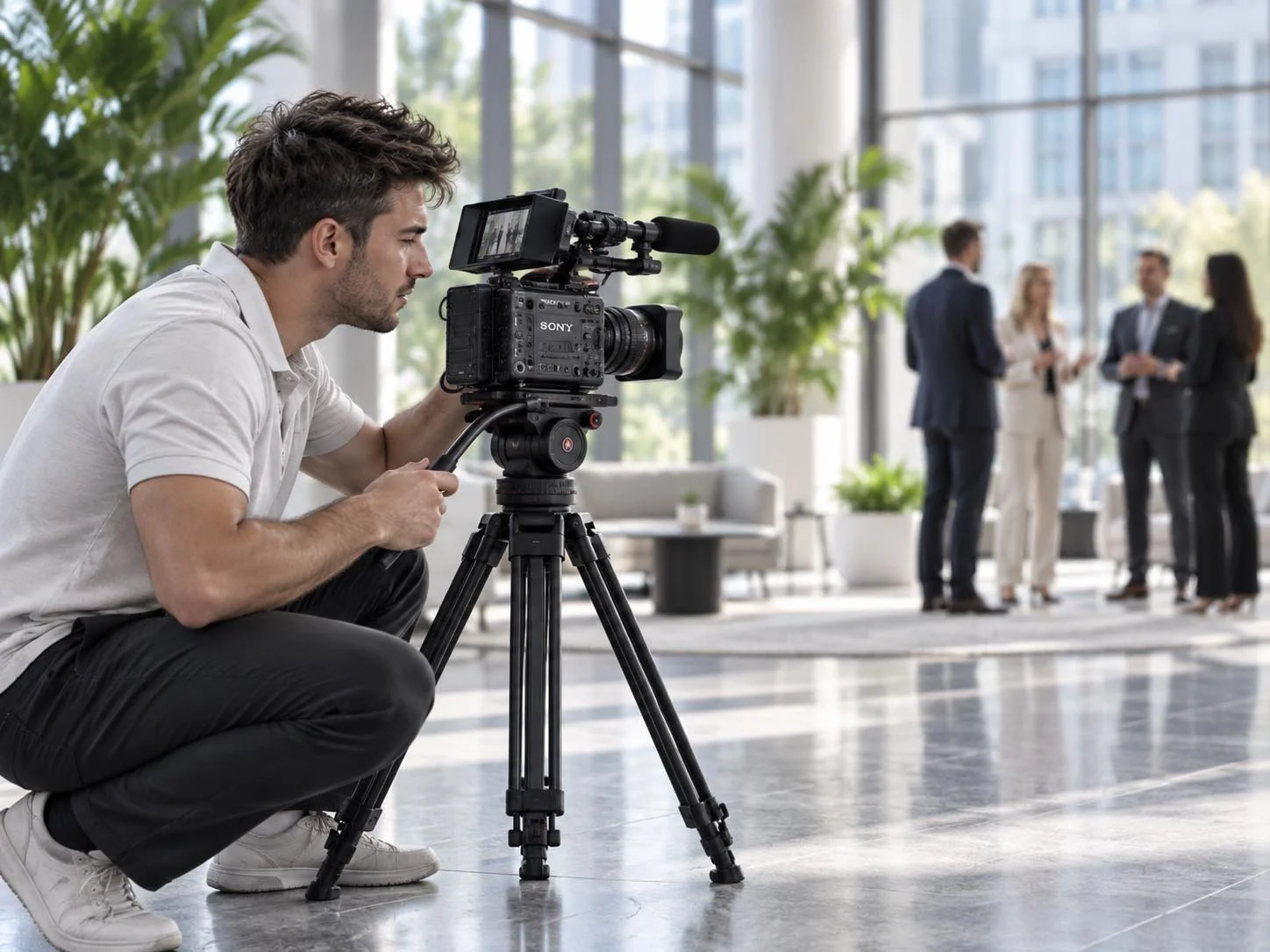 A camera operator crouching behind a tripod-mounted camera in a bright hall.