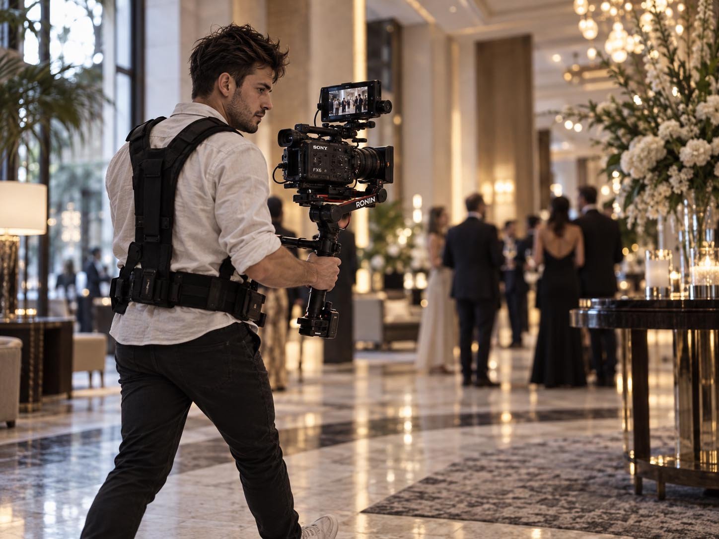 A camera operator carrying a stabilised camera rig through an ornate hall.