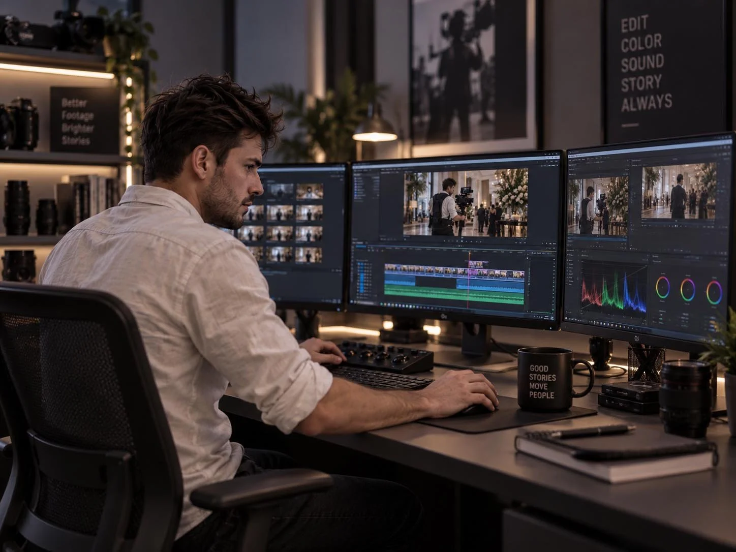 A video editor working at a desk with multiple screens showing footage and editing timelines.