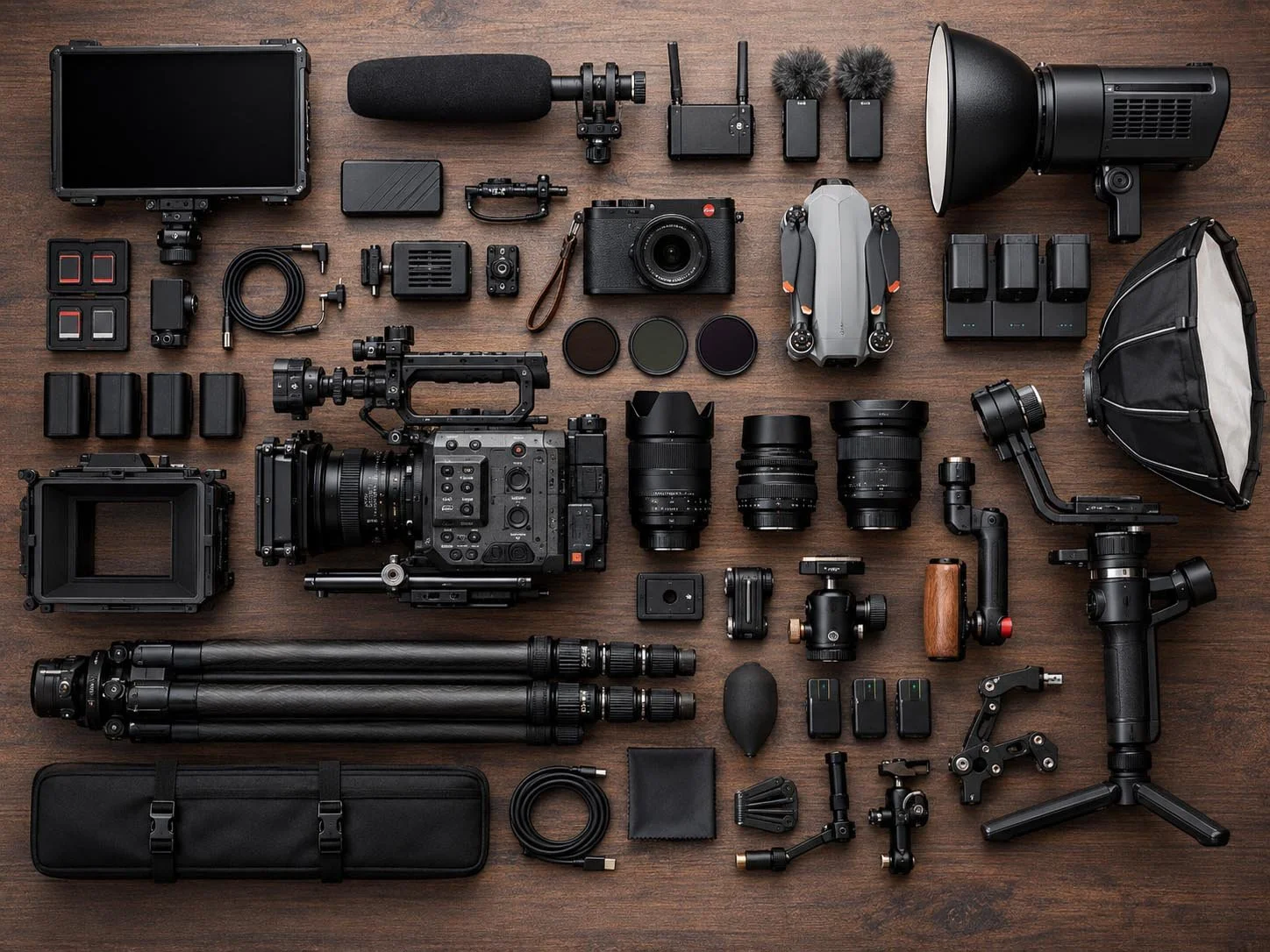 Camera equipment, lenses, microphones, lighting and accessories arranged on a wooden surface.