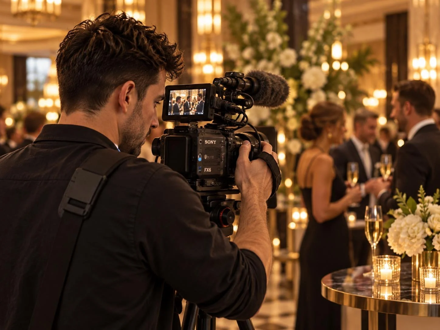 A camera operator filming guests at an indoor reception.