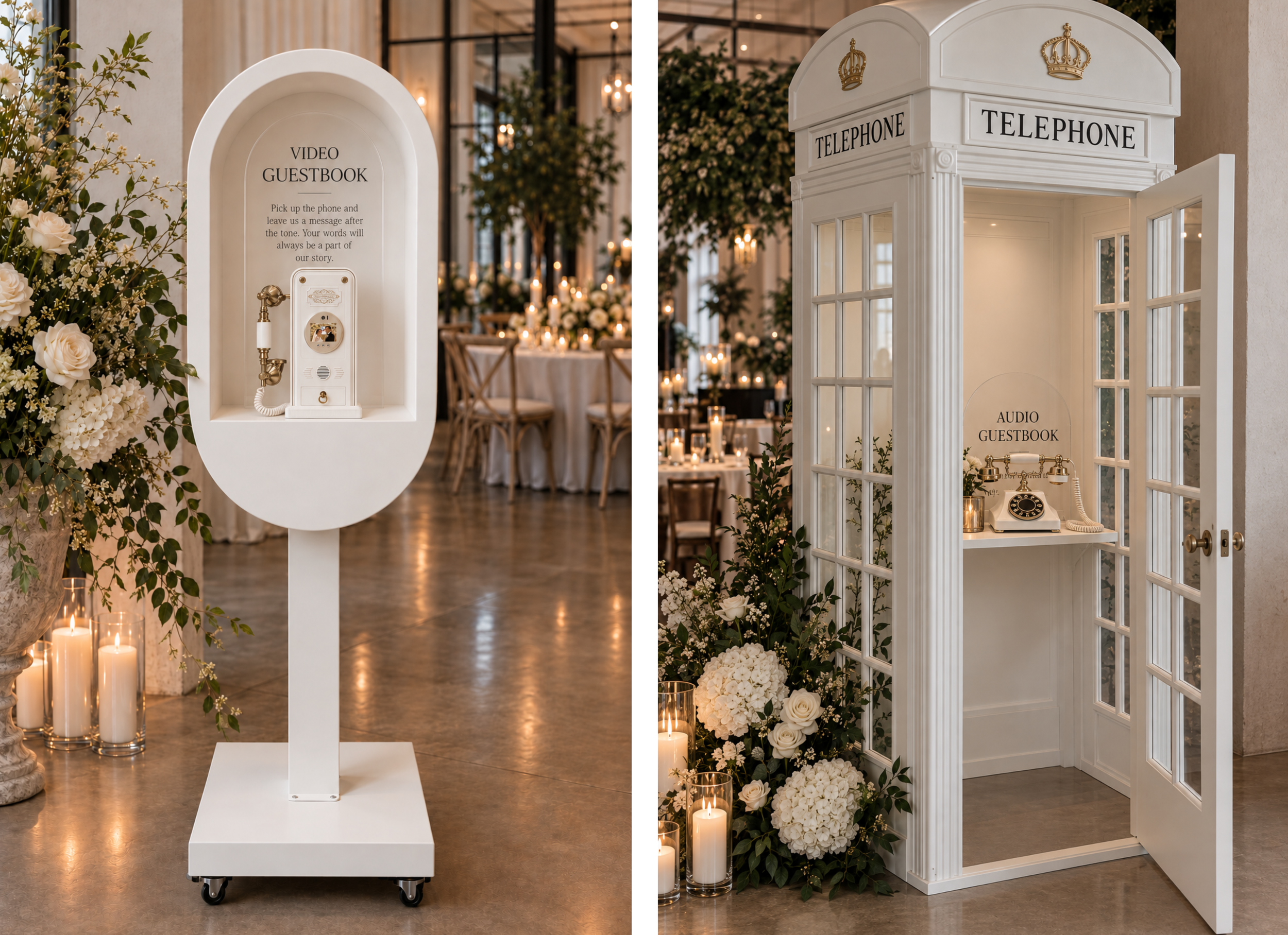 Two reminiscent phone booths decorated for a wedding or event. The left booth is labeled "Video Guestbook" with instructions to pick up the phone and leave a message. The right booth is labeled "Audio Guestbook" with a vintage rotary phone inside.