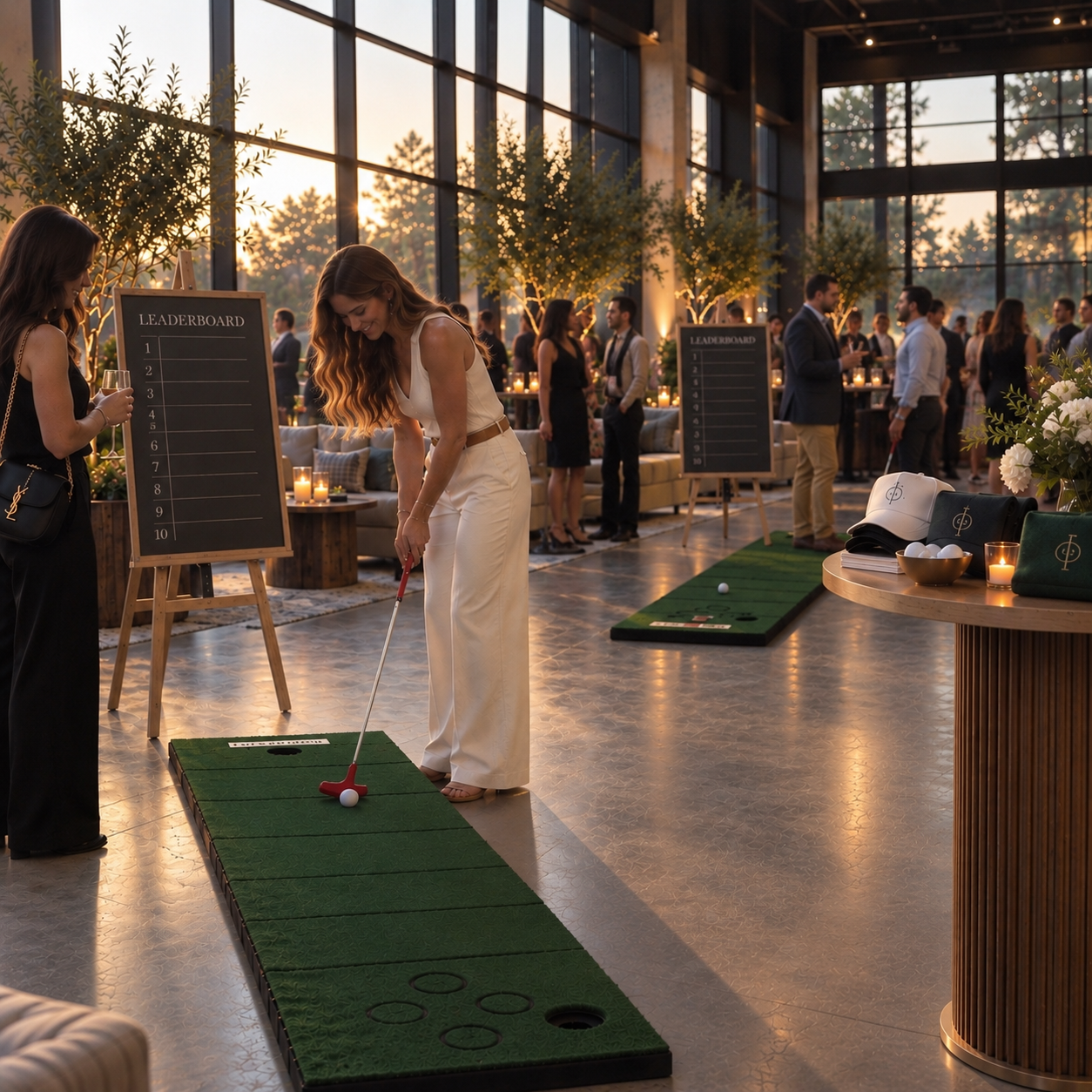 People playing indoor mini golf at a social event with large windows, candles, and a leaderboard.