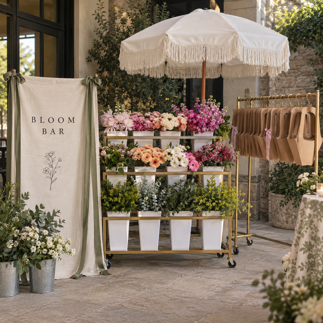 Mobile flower bar; bloom bar setup for diy bouquets at bridal showers, baby showers, parties, and events.