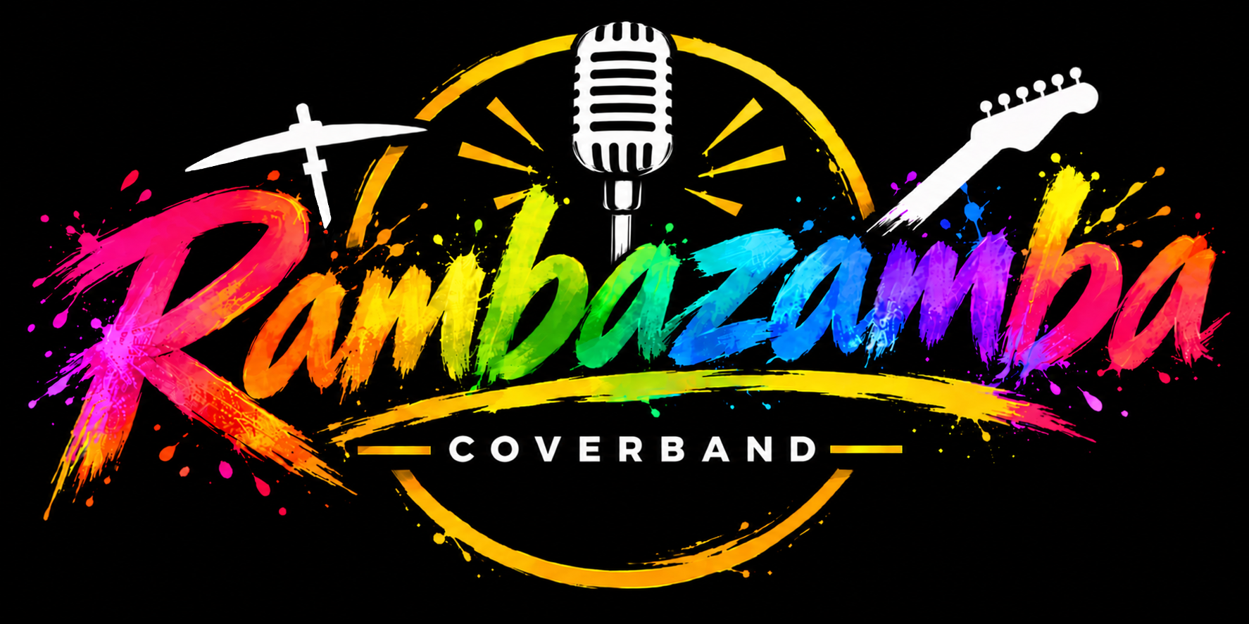 Das Bild zeigt das Logo des Rainbow Coverbands, mit bunten, kreativen Schriftzug, einem Mikrofon, einer Gitarre und einem Kreuz, alles auf schwarzem Hintergrund.