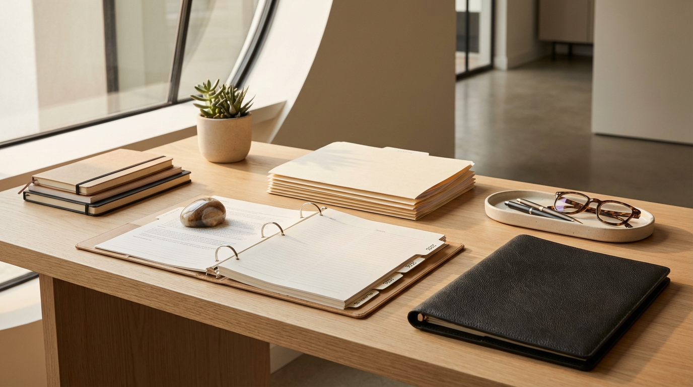 A wooden desk with a potted succulent plant, a stack of notebooks, a pile of paper files, a binder with papers, a black leather folder, a white oval tray with eyeglasses and a pen, and an open notebook with a small stone on top, near a large window in a modern office space.