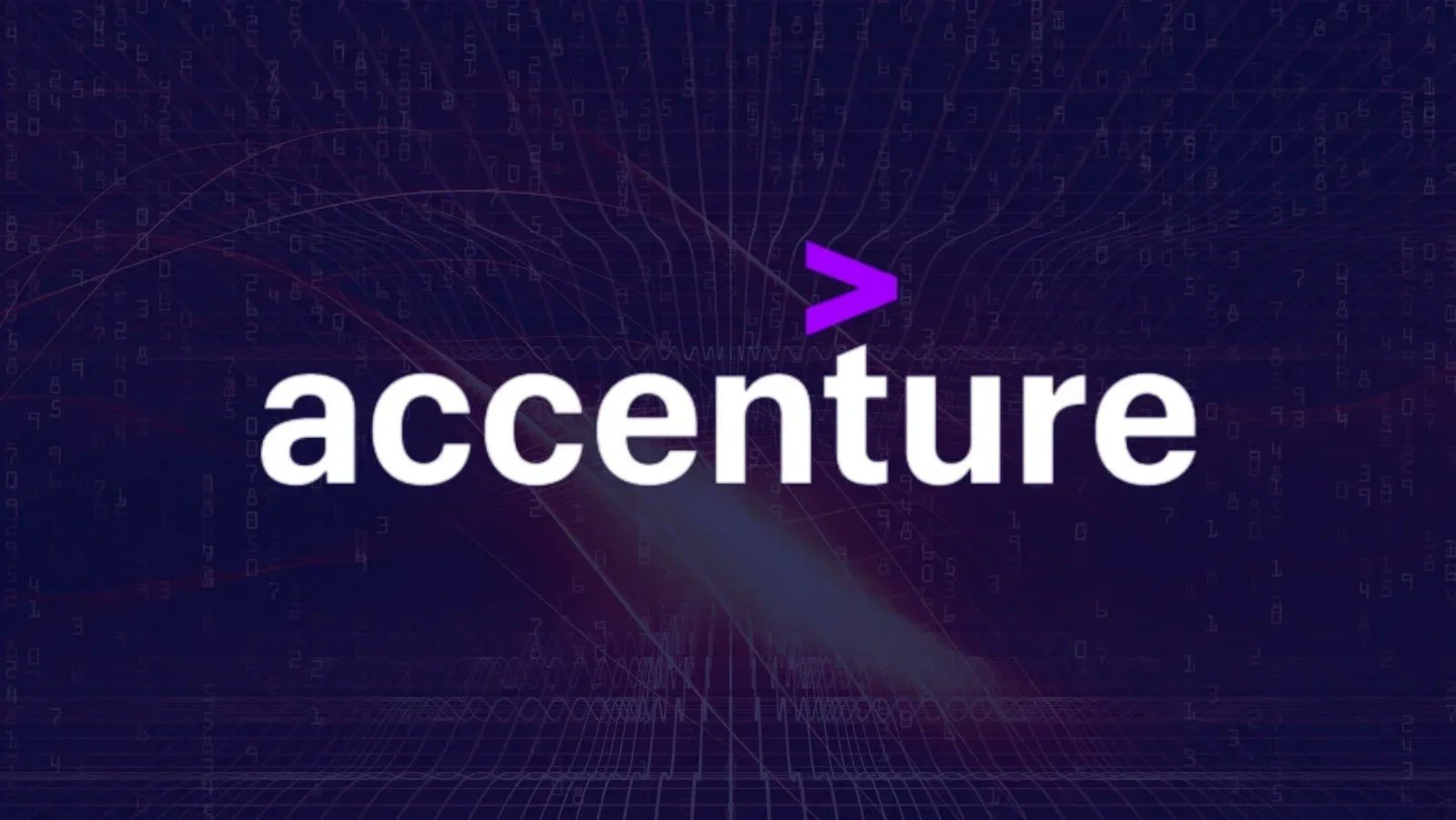 Logo of the company Accenture with the purple greater-than symbol above the text, set against a digital futuristic background with lines and numbers