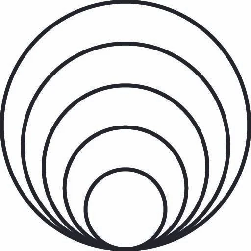 A black and white abstract design with concentric circles diminishing in size toward the center.