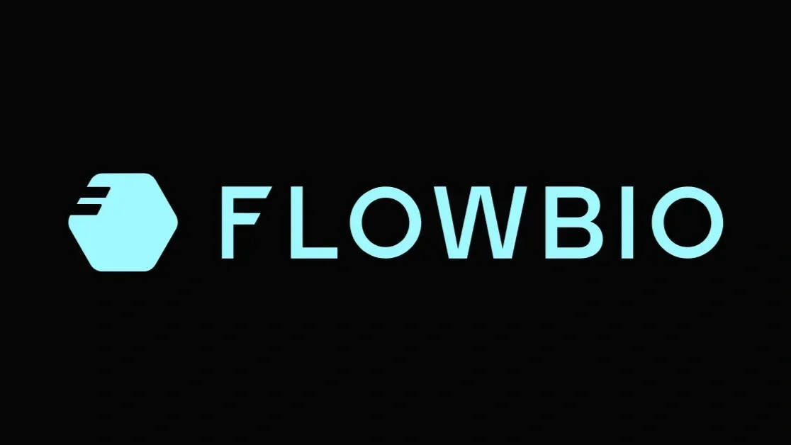 Flowbio logo with a stylized hexagon icon and the company name in light blue on a black background.