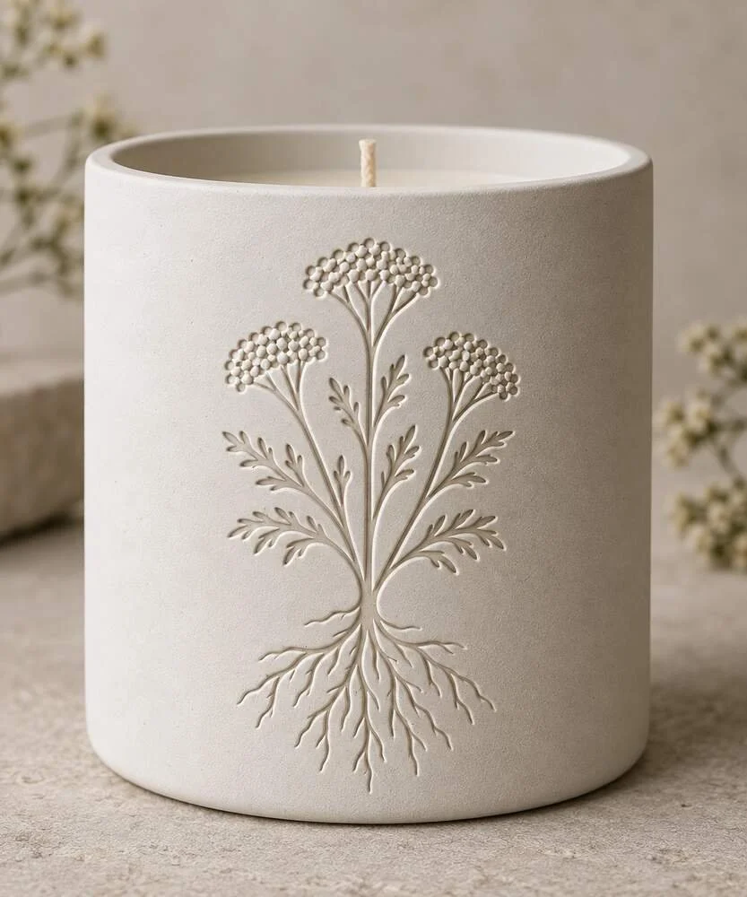 Ivory Garden Ritual candle embossed with a rooted yarrow plant