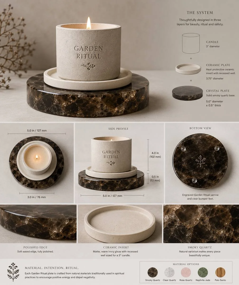 Garden Ritual candle, ceramic insert and smoky quartz plate shown as a three-layer system