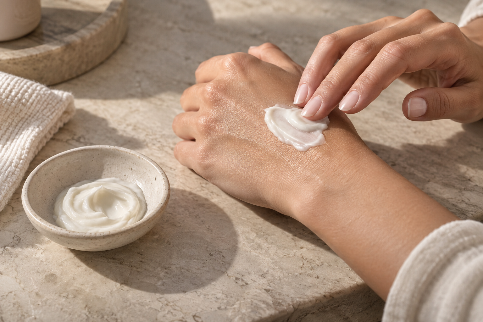 A person applying lotion or cream to the back of their hand in a bathroom or skincare setting, with a small bowl of lotion nearby.