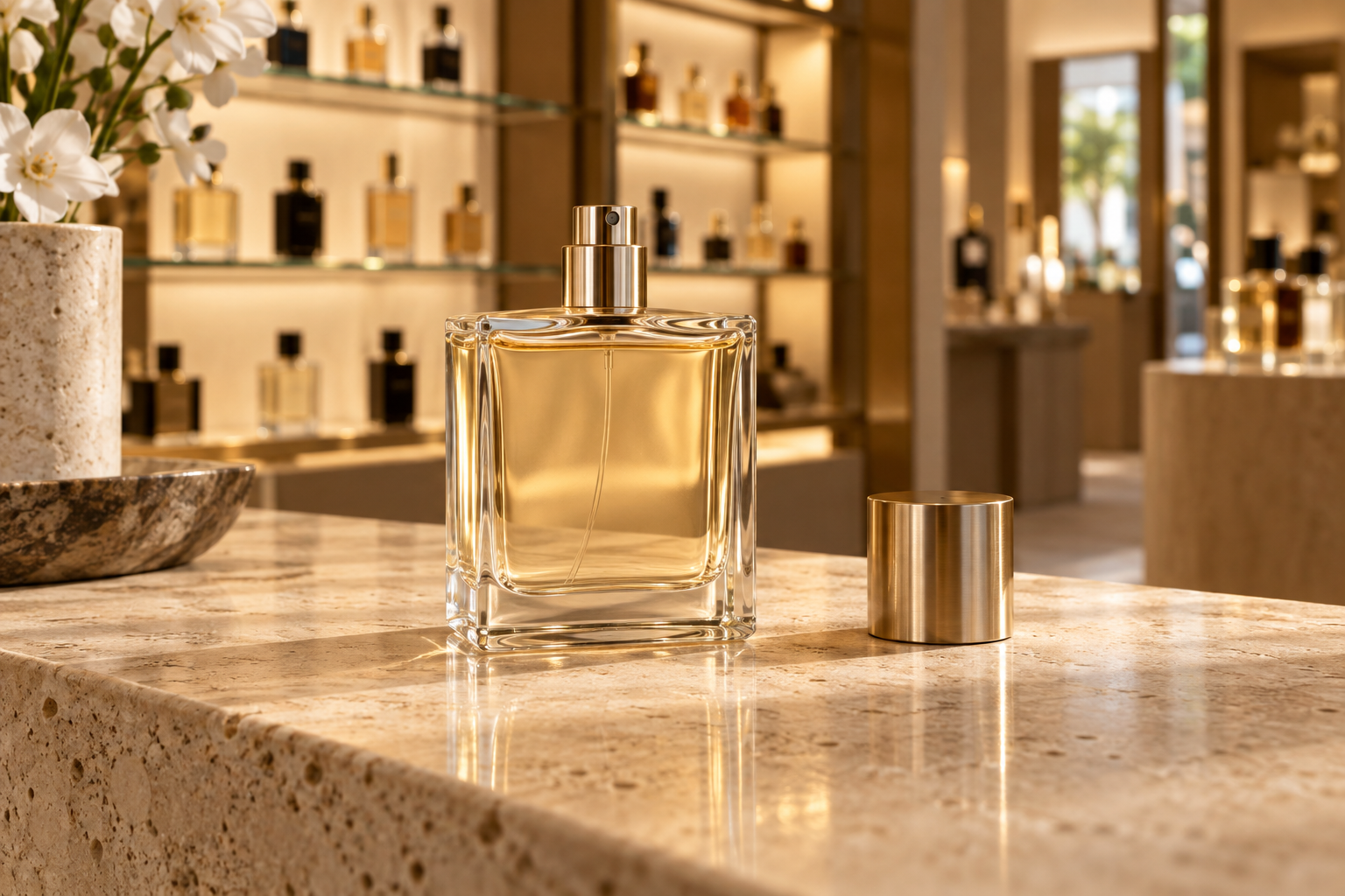 A perfume bottle on a marble counter in a store with shelves of perfume bottles in the background.