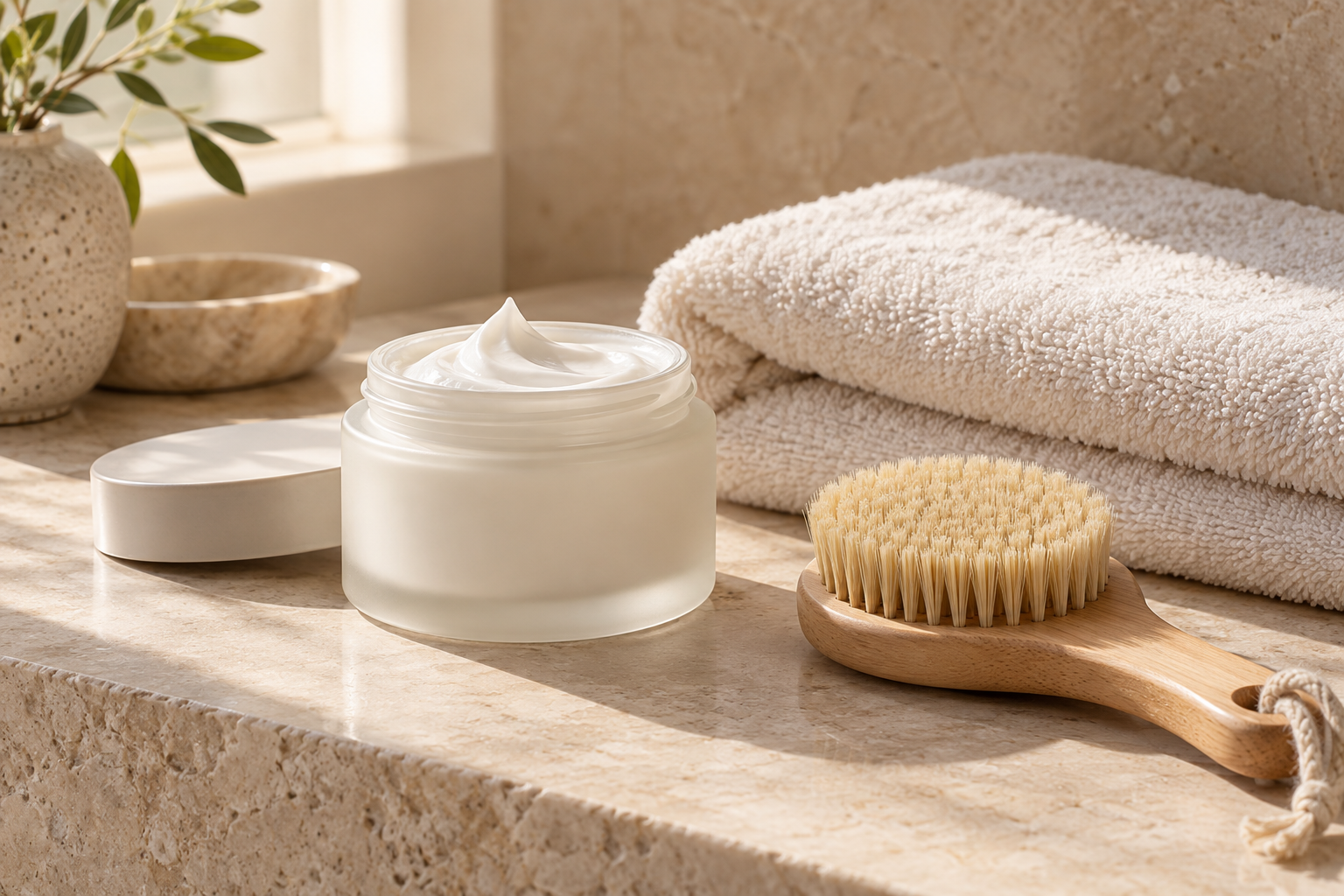 A jar of white cream, a natural bristle brush, and folded white towels on a stone bathroom countertop near a window with sunlight.