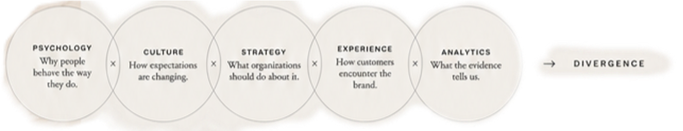 A horizontal diagram with six interconnected circles, each labeled with a different factor: Psychology, Culture, Strategy, Experience, Analytics, and Divergence, describing aspects of organizational behavior and decision-making.